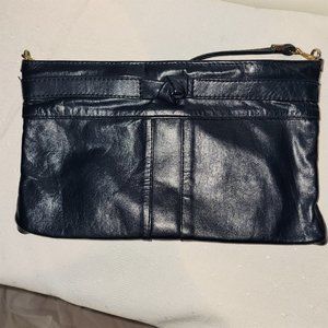 Vintage 1980's Slim Leather Navy Blue Shoulder Bag Clutch Crossbody Purse